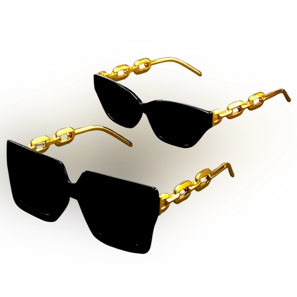 None Accessories - Black & Gold Fashion Sunglasses with Golden Tone Chain Link Arms 2 Pair